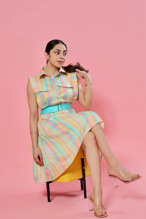 Miley Striped Midi Dress With Belt